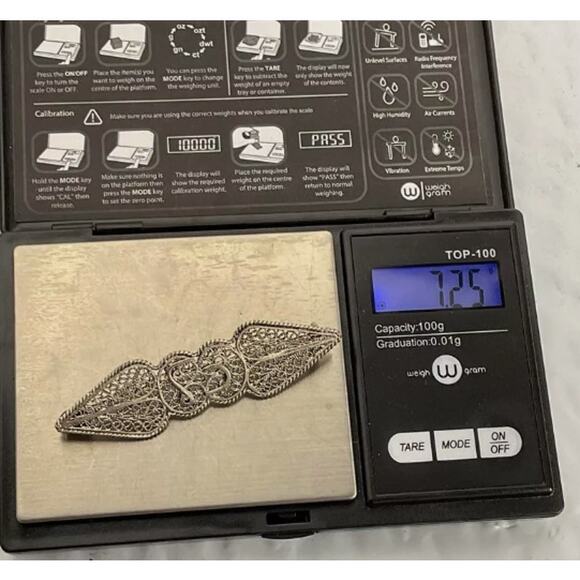 Vintage Filigree Brooch Pin Intricate Scroll Design Artisan Silver | Sterling - Picture 7 of 7